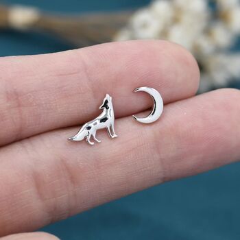 Sterling Silver Wolf And Moon Stud Earrings, 2 of 7