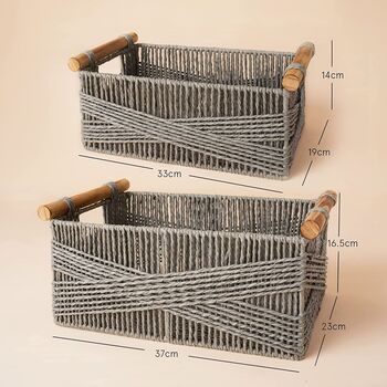 Set Of Two Woven Baskets With Wood Handles, 3 of 4