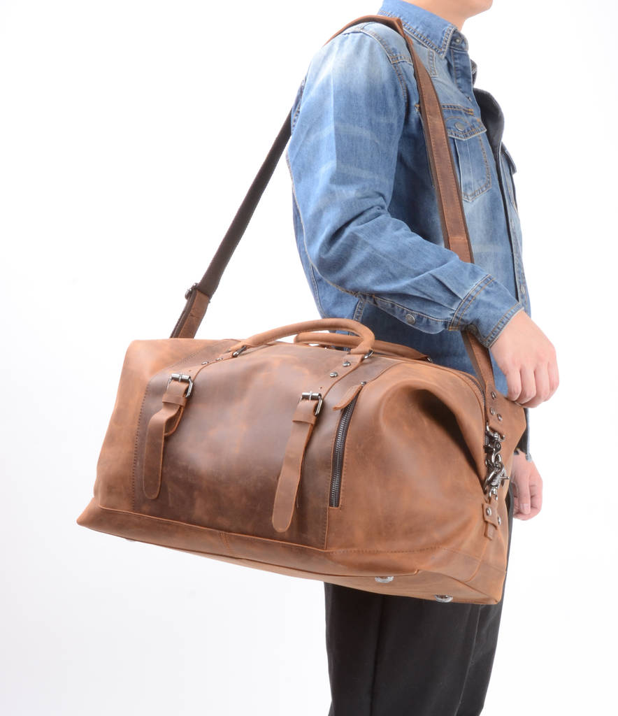 worn look front zip leather travel duffle bag by eazo ...