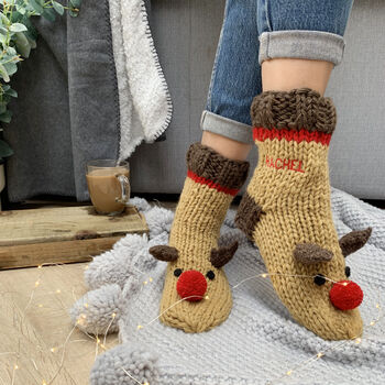 Hand Knitted Reindeer Wool Sofa Socks, 3 of 3