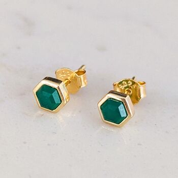 Green Onyx Tiny Hexagon Stud Earrings 18ct Gold Plated, 2 of 7