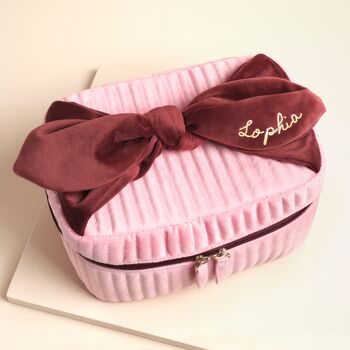 Personalised Large Pink And Burgundy Velvet Bow Vanity Makeup Bag, 2 of 5