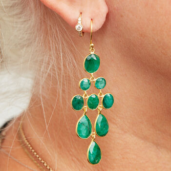 Emerald Gold Plated Silver Long Chandelier Earrings, 2 of 9