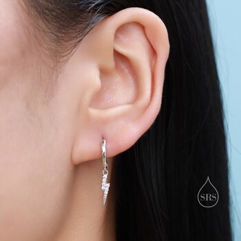 Sterling Silver Cz Lightning Bolt Huggie Hoop Earrings, 2 of 10