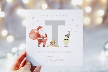 Personalised Grey Initial Christmas Card / Santa And Elf, 2 of 2