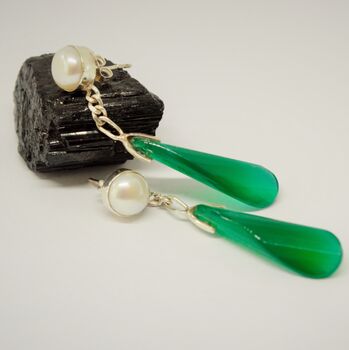 Green Onyx, Pearl Sterling Silver Earrings, 3 of 4