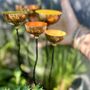 Set Of Five Copper Rain Catchers – Tangerine, Green, Red, Orange And Yellow Cups On Curved Iron Pole, thumbnail 2 of 6
