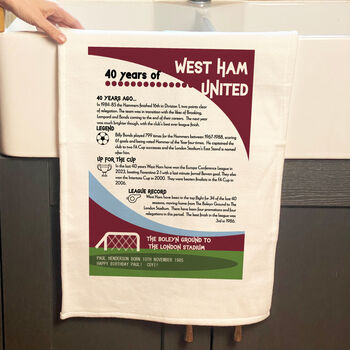 Years Of Being An Iron Tea Towel Birthday Gift For West Ham Fan, 2 of 6