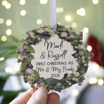 Wooden First Married Christmas Wreath Tree Decoration, 6 of 9