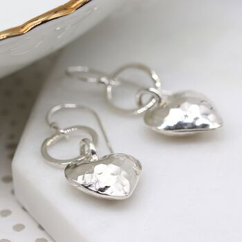 Sterling Silver Hammered Heart Drop Earrings, 3 of 8