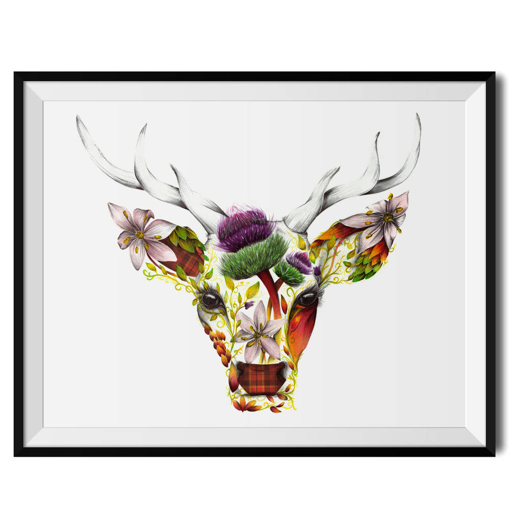 Stirling The Floral Stag Watercolour Fine Art Print By Wraptious