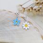 Mismatched Enamel Daisy And Forget Me Not Flower Drop Stud Earrings In Sterling Silver, thumbnail 1 of 11