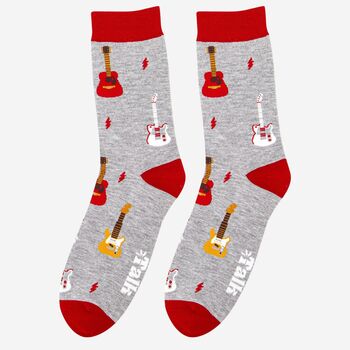 Men's Bamboo Socks Grey Red Guitars, 3 of 6