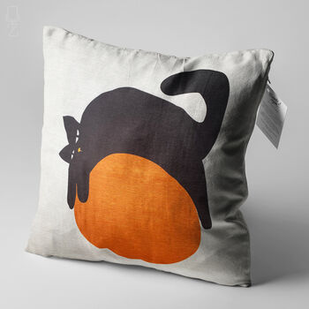 Lazy Black Cat And Orange Ball Themed Cushion Cover, 3 of 7