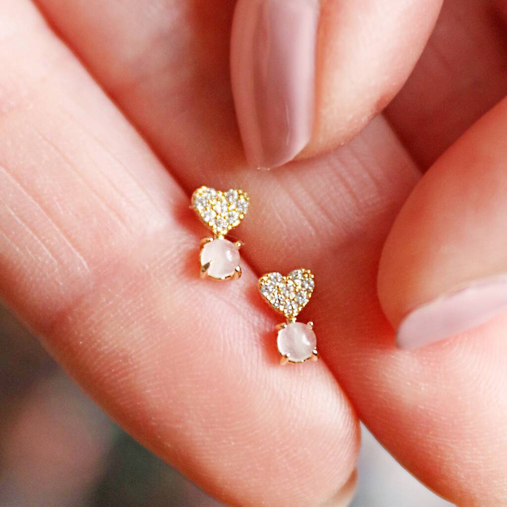 Crystal Heart And Quartz Stone Stud Earrings, 1 of 6