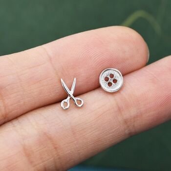 Mismatched Scissors And Button Stud Earrings, 4 of 12