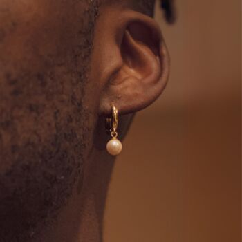 Mens Silver Pearl Dangle Hoop Earrings, 9 of 9