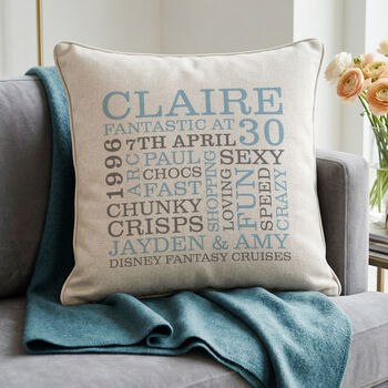 Personalised 30th Birthday Word Art Cushion, 6 of 8
