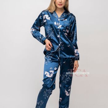Blue Printed Soft Satin Long Sleeve Luxury Pyjama Set, 9 of 9