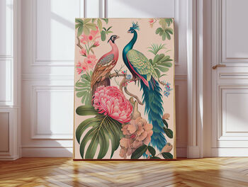 Set Of Two Chinoiserie Floral Dusky Pink Bird Art Prints, 3 of 4