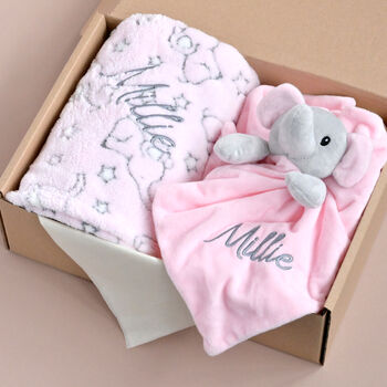 Personalised Pink Baby Girl Gift Set Blanket Elephant, 6 of 10