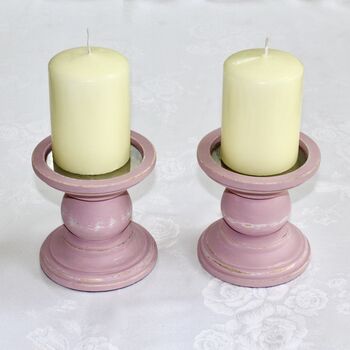 Pair Of Vintage Painted Pink Pillar Candlesticks ~ 23, 2 of 2