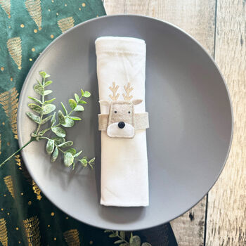 Brown Felt Reindeer Napkin Rings Set For Christmas X Four, 4 of 8