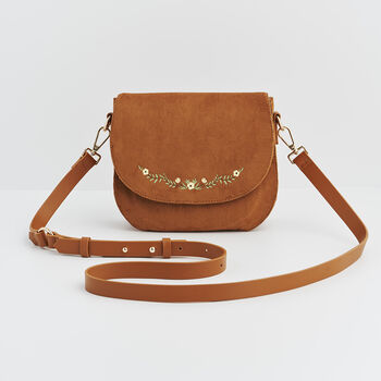 Tan Floral Faux Suede Embroidered Saddle Bag, 2 of 9