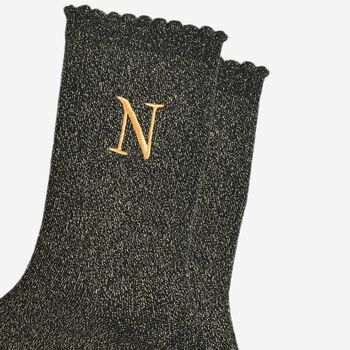 Women's Glitter Socks Black Gold Initial 'N', 3 of 5