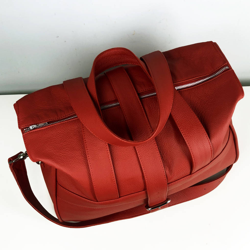 personalised handcrafted red leather overnight bag by freeload