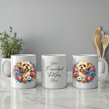 Personalised Shorthaired Lhasa Apso Summer Floral Dog Wreath Cushion And Mug Gift Bundle, 3 of 4