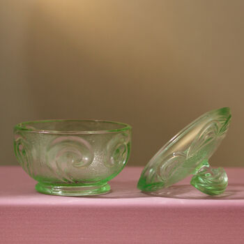 Vintage Art Deco Glass Trinket Pot Green, 3 of 4