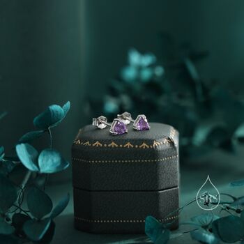 Genuine Amethyst Trillion Cut Stud Earrings In Sterling Silver, 5 of 12