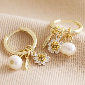 Daisy, Pearl And Feather Hoop Earrings In Gold Plating, 4 of 7