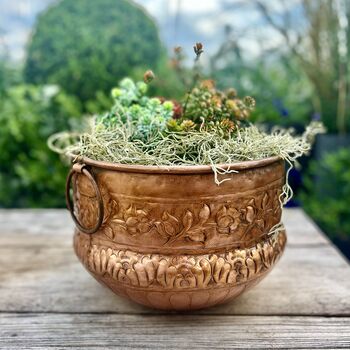 A Floral Embossed Vintage Style Copper Planter With Brass Ring Handles, 2 of 11