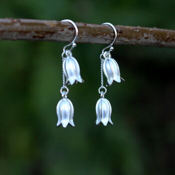 Silver Bluebell Flower Double Drop Earrings, Silver Plated, 3 of 3