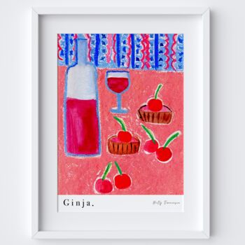 Ginja Table Scene Art Print Portuguese Sour Cherry Liqueur Watercolour Pastel Poster, 3 of 4