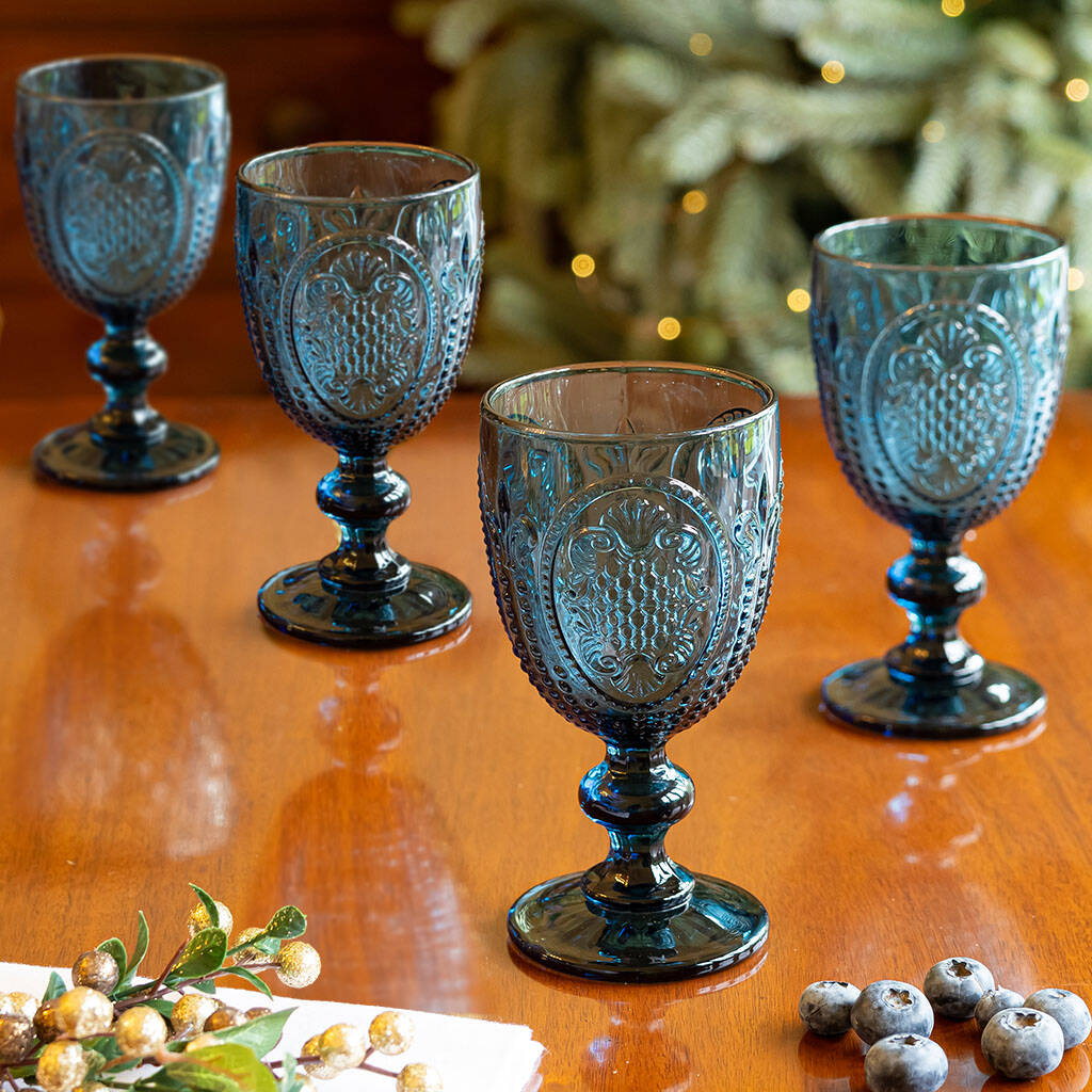 Set Of Four Embossed Blue Wine Glasses By Dibor