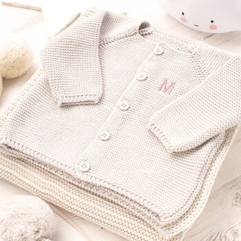 New Baby Pale Grey And Cream Knitted Blanket And Outfit, 6 of 12