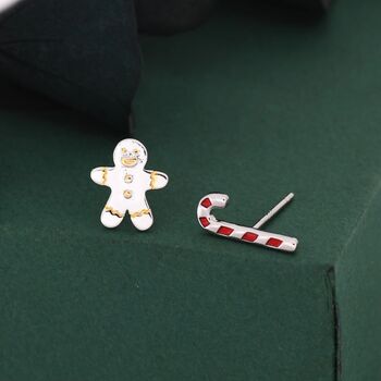 Sterling Silver Gingerbread Man And Candy Cane Stud Earrings, 4 of 11