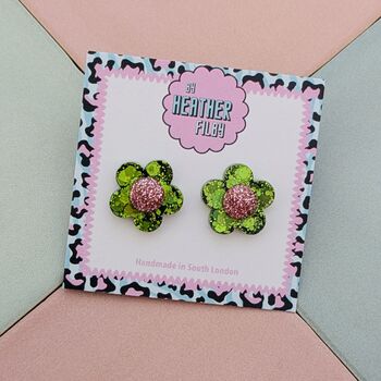 Flower Glitter Resin Stud Earrings Silver, Green And Blue, 10 of 12
