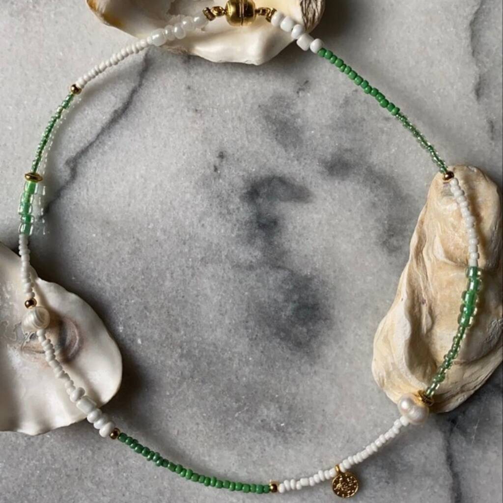 Bali Gold Plated, Pearl And Green Beaded Necklace, 1 of 3