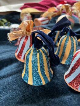 Stripped Hand Painted Ceramic Bell Bauble In Golden Yellow With Sparkly Turquoise Detail, 3 of 10