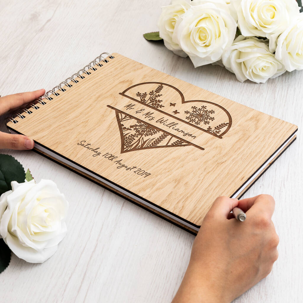 Personalised Floral Heart Wooden Wedding Guest Book, 1 of 6