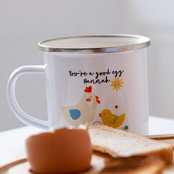 You’re A Good Egg Personalised Breakfast Enamel Mug, 3 of 6