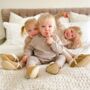 Dotty Fish Tan Soft Suede Baby And Toddler Slippers With Fleece Lining, thumbnail 2 of 9