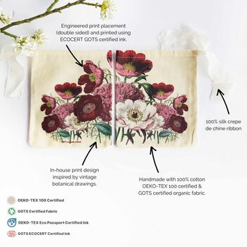 Organic Cotton Peony Print Reusable Pouches With Eco Satin Ribbon, 4 of 7