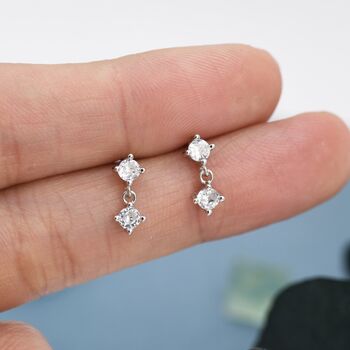 Tiny Double Cz Dangle Stud Earrings Sterling Silver, 6 of 10
