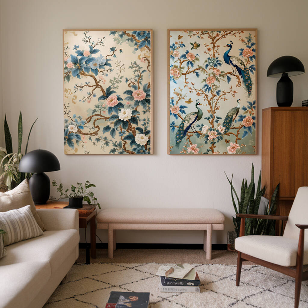 Set Of Two Chinoiserie Golden Floral Bird Art Prints, 1 of 4