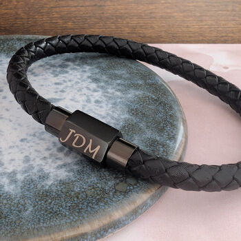 Personalised Mens Black Leather Bracelet With Engraved Initials, 3 of 3